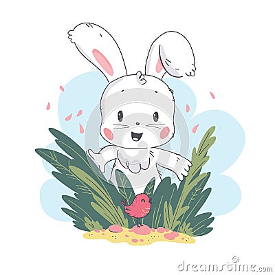 Vector flat illustration of cute white baby bunny character and little small bird playing in grass. Vector Illustration